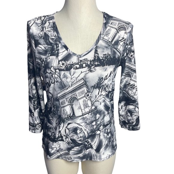 Nygaard Collection Black & White Face Paris Print 3/4 Sleeve V Neck Top small - Picture 1 of 3